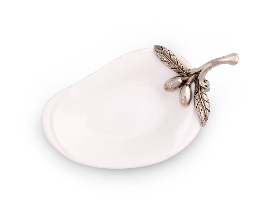 Vagabond House olive oil server and spoon rest featuring a decorative design, ceramic material with a textured finish.