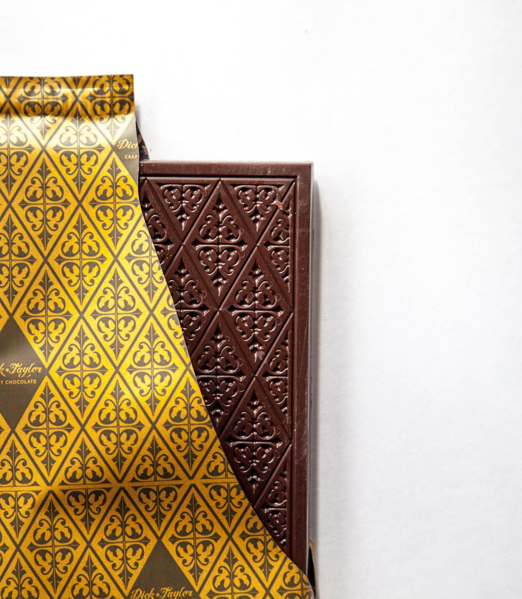 Dick Taylor Limited Edition Straight Bourbon Whiskey 70% Dark Chocolate bar, artisanal craft chocolate with bourbon flavor detail.