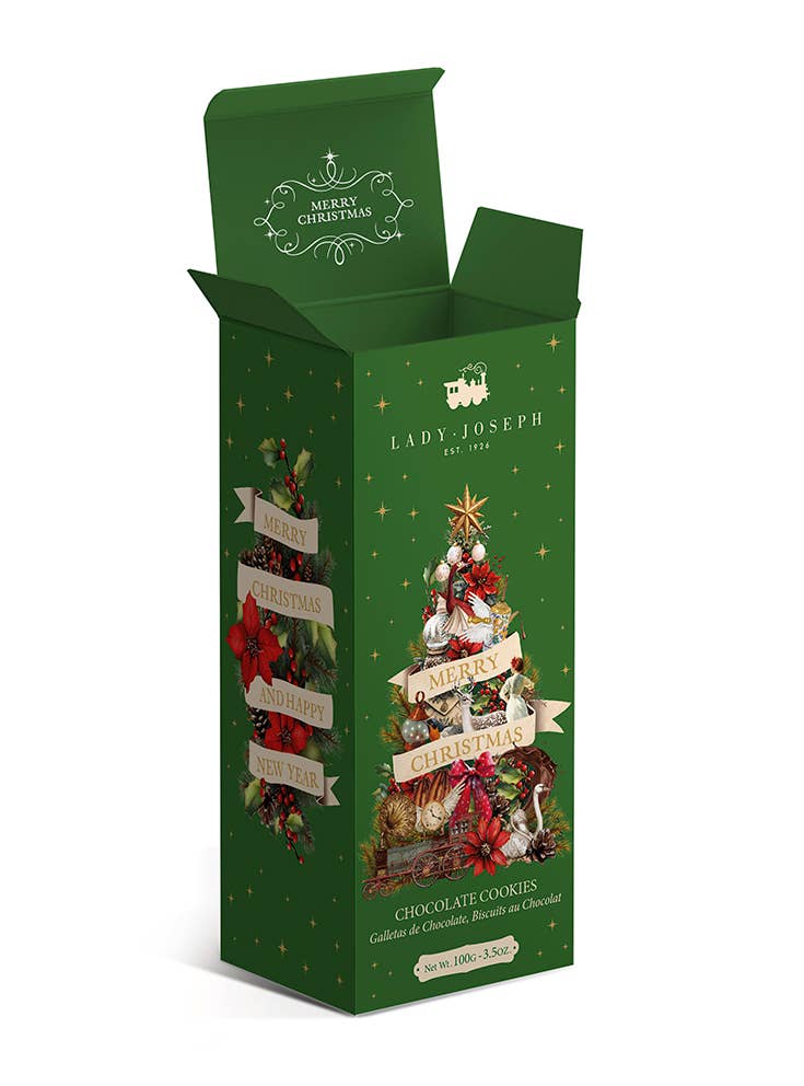 A tall green Lady Joseph chocolate cookies box with Christmas-themed illustrations, including a decorated tree, red berries, and cream banners reading 'Merry Christmas' and 'Chocolate Cookies'.