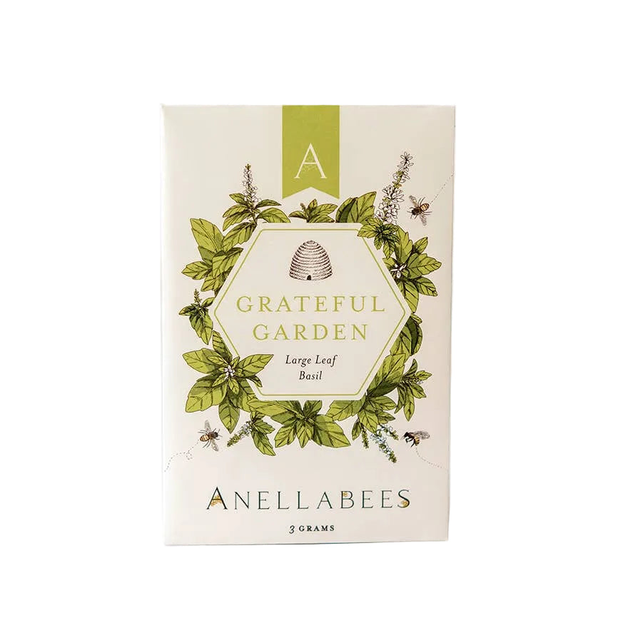 Large leaf basil garden seeds from Anellabees, showing vibrant green basil leaves ready for planting in your garden.
