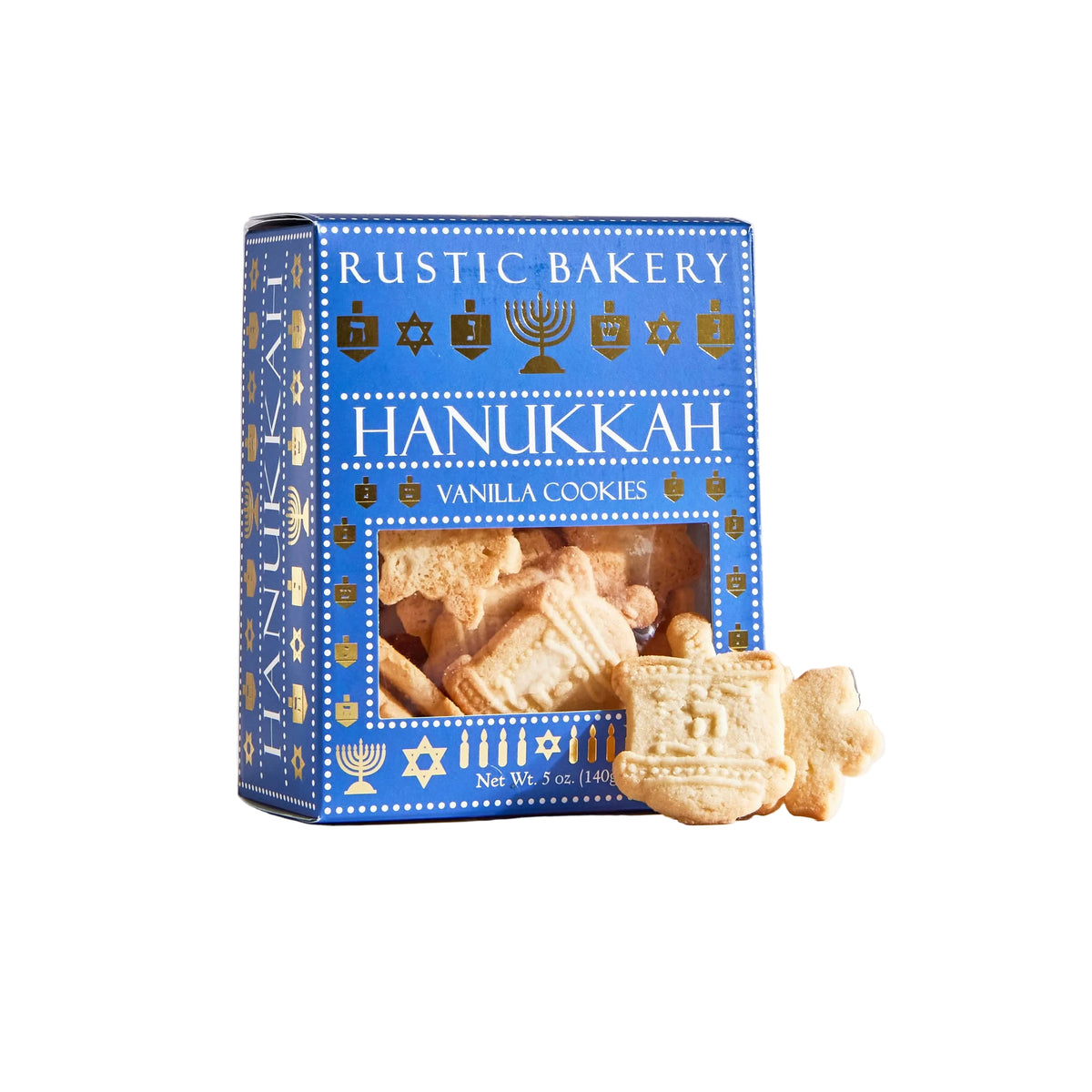 Rustic Bakery Hanukkah cookies with festive shapes and decorations on a white plate, showcasing holiday-themed baked treats.