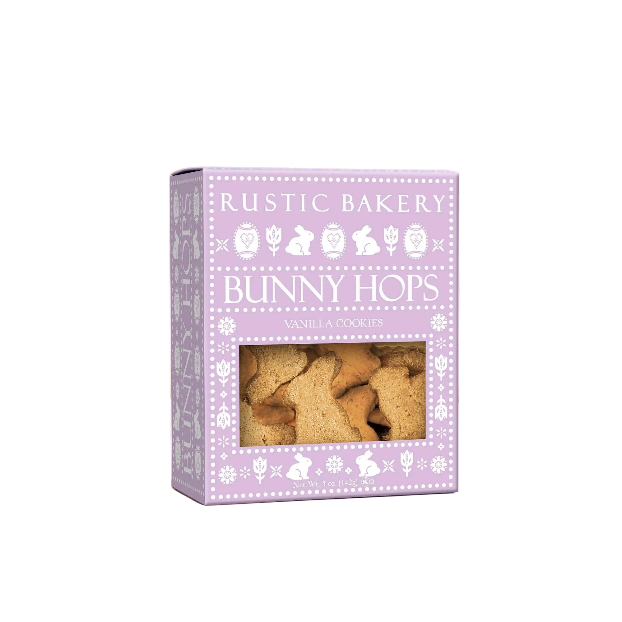 Rustic Bakery Bunny Hop Vanilla Cookies, golden-brown cookies with bunny-shaped design on a rustic wooden surface.