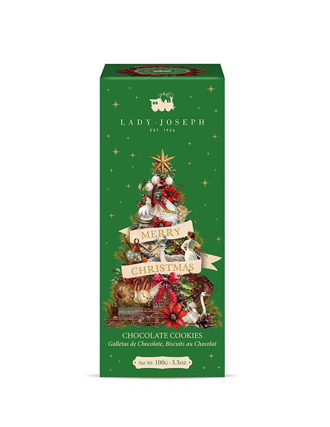 A tall green Lady Joseph Christmas-themed chocolate cookie box featuring an illustrated decorated Christmas tree with ornaments, a star, and banners reading 'A Merry Christmas' and 'CHOCOLATE COOKIES'.
