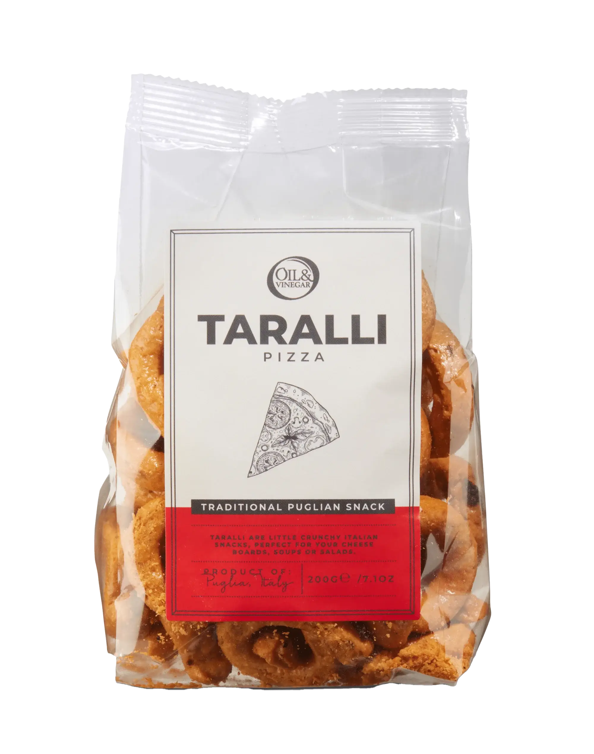 Oil & Vinegar pizza-flavored Taralli snacks in a clear bowl, showing the crunchy, ring-shaped Italian breadsticks with seasoning.