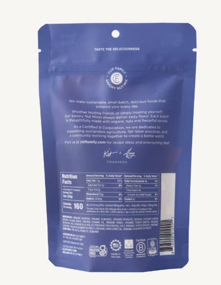 Back view of a blue food packaging with text and logos on a white background