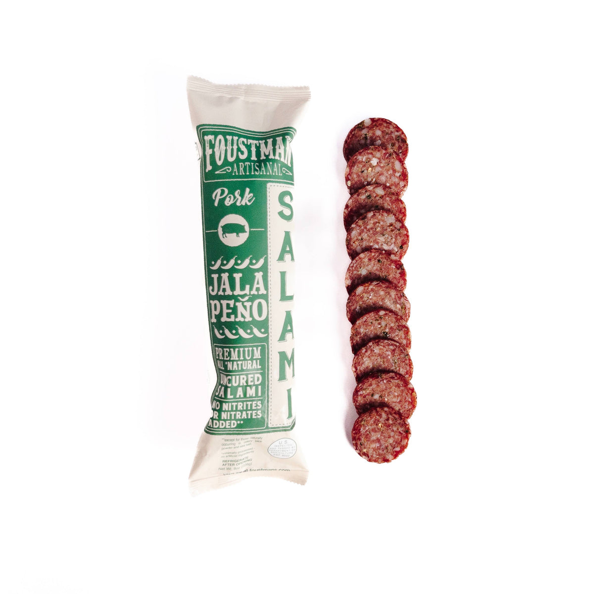 Foustman Artisan Salami packaging with salami sticks on a white background