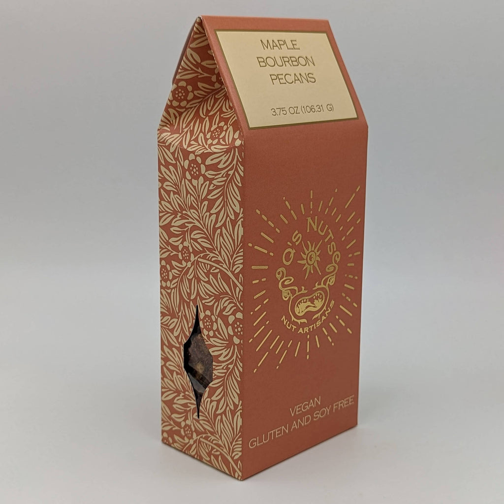 Maple Bourbon Pecans from Q's Nuts, LLC, showing glazed pecans coated with maple and bourbon flavor, perfect for snack enjoyment.