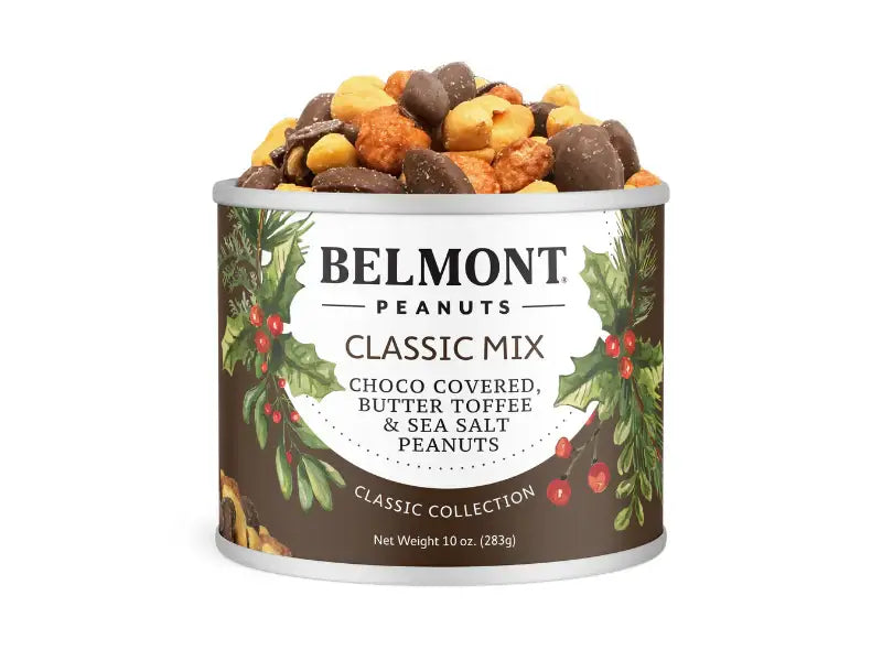 Assorted Belmont Peanuts Holiday Classic Mix in a bowl, featuring mixed nuts and snack items for festive occasions.