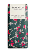 Bahen & Co. Gingerbread & Spice Organic Milk Chocolate bar with textured surface and festive packaging detail.