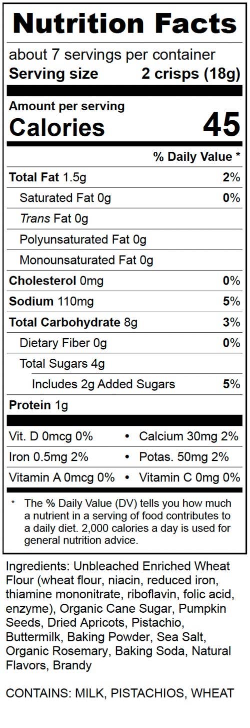 A Nutrition Facts label for a snack product, showing serving size 2 crisps (18g), calories 45, and a list of ingredients including wheat, rice, peanut butter, canned pineapple, pumpkin seeds, dried apricots, pistachios, and natural flavors. Brand text at the bottom reads Brandy.