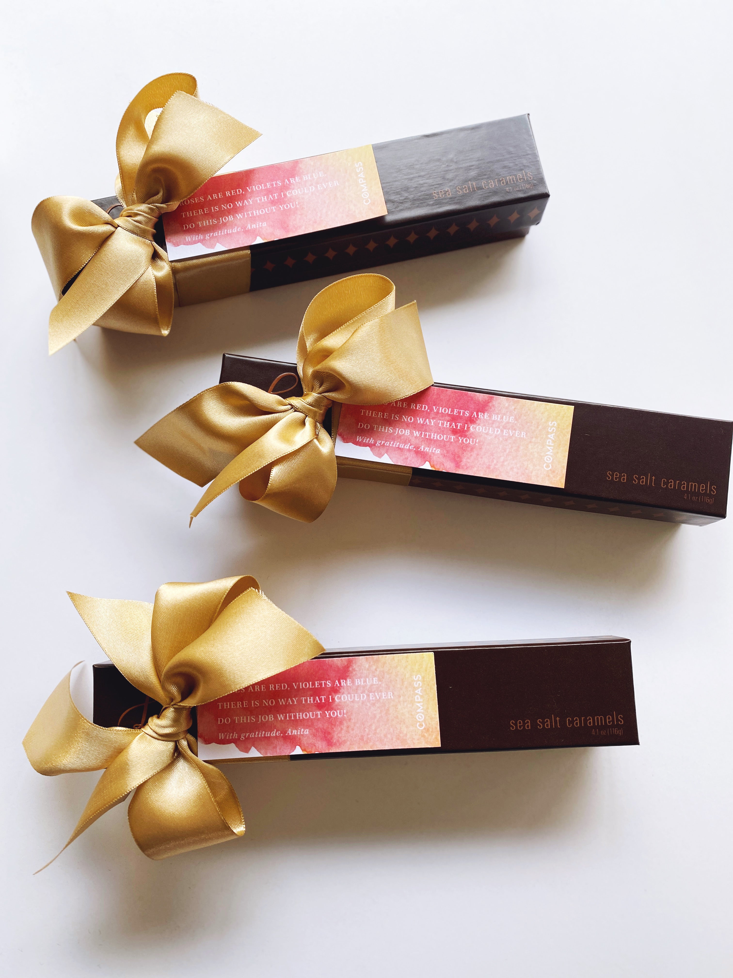Set of 10 Lula's Sea Salt Chocolates by Poppins & Post, elegantly wrapped welcome gifts and favors with sea salt-flavored chocolates.